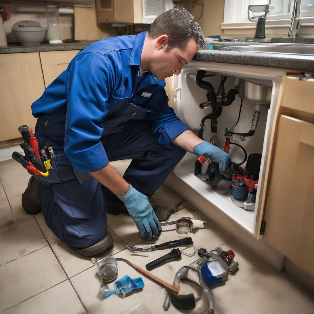 Plumber working under a kitchen sink